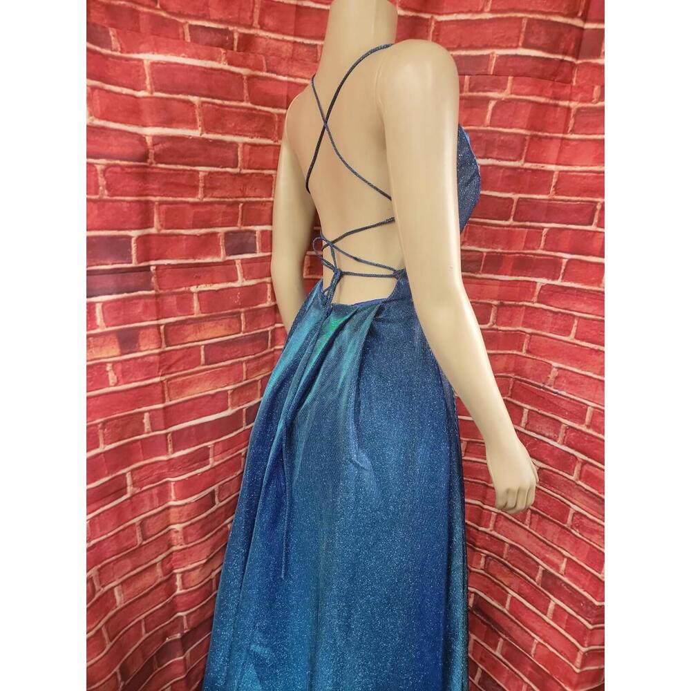 EUREKA - METALLIC BLUE WOMEN'S BALLGOWN SCOOP NECKLINE SIDE SLIT XS  #03 - Picture 3 of 10